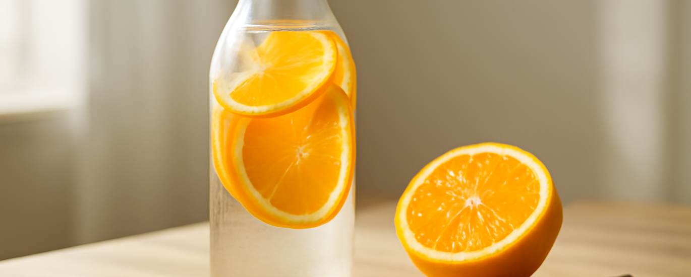 Botol kaca berisi infused water jeruk dengan irisan jeruk segar di atas meja kayu
