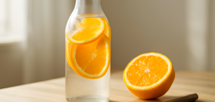 Botol kaca berisi infused water jeruk dengan irisan jeruk segar di atas meja kayu