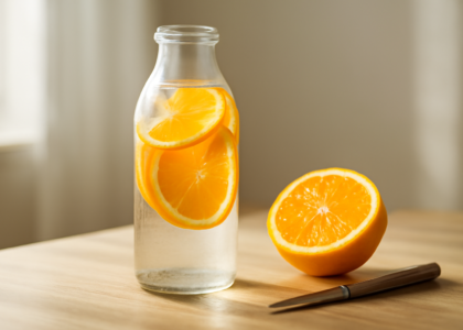 Botol kaca berisi infused water jeruk dengan irisan jeruk segar di atas meja kayu