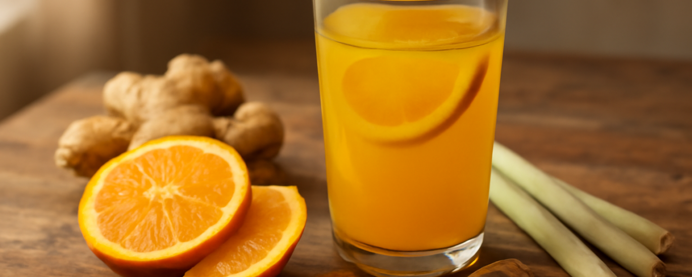 Segelas jamu jeruk segar dengan irisan jeruk, jahe, dan serai di atas meja kayu