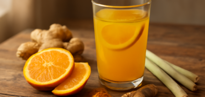 Segelas jamu jeruk segar dengan irisan jeruk, jahe, dan serai di atas meja kayu