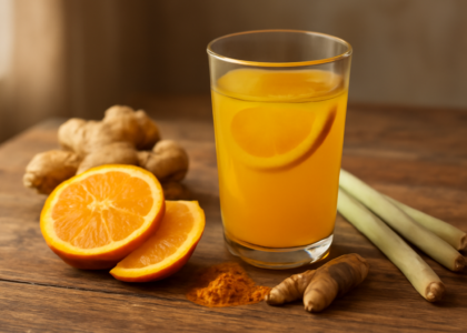 Segelas jamu jeruk segar dengan irisan jeruk, jahe, dan serai di atas meja kayu