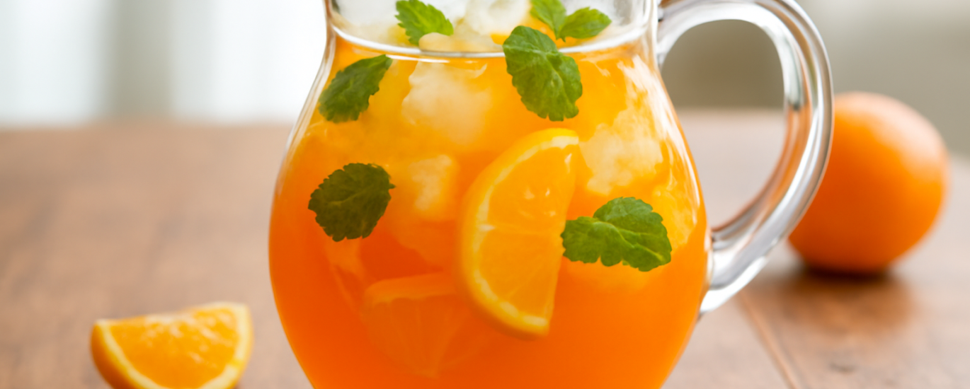 Pitcher kaca berisi punch jeruk segar dengan es batu, irisan jeruk, dan daun mint di atas meja kayu.