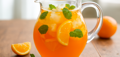 Pitcher kaca berisi punch jeruk segar dengan es batu, irisan jeruk, dan daun mint di atas meja kayu.