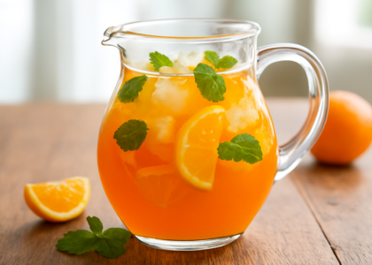 Pitcher kaca berisi punch jeruk segar dengan es batu, irisan jeruk, dan daun mint di atas meja kayu.