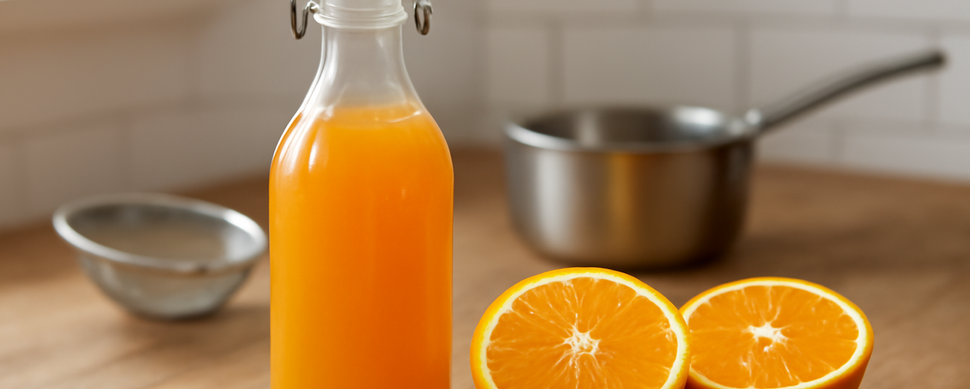 Botol kaca berisi sirup jeruk buatan sendiri dengan jeruk segar di sampingnya