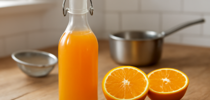 Botol kaca berisi sirup jeruk buatan sendiri dengan jeruk segar di sampingnya