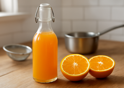 Botol kaca berisi sirup jeruk buatan sendiri dengan jeruk segar di sampingnya