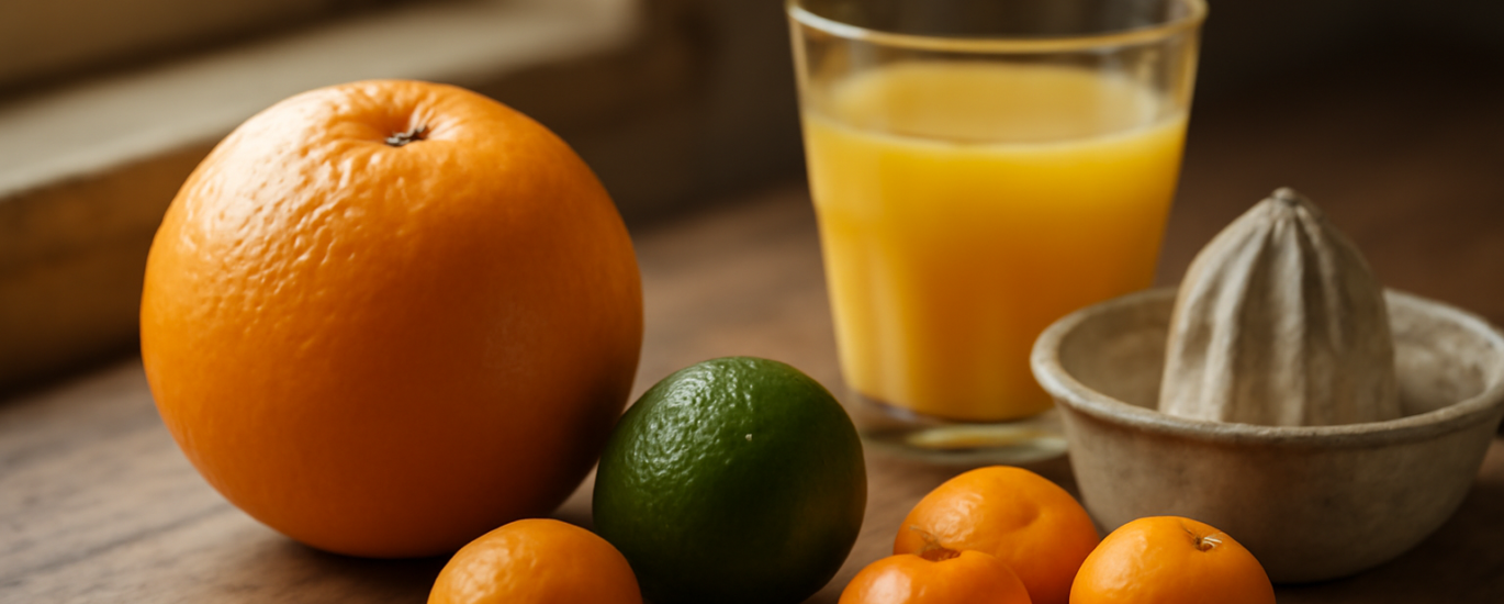 Tiga jenis jeruk untuk minuman di atas meja kayu: jeruk peras, jeruk nipis, dan jeruk baby