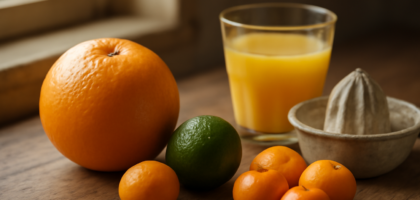Tiga jenis jeruk untuk minuman di atas meja kayu: jeruk peras, jeruk nipis, dan jeruk baby