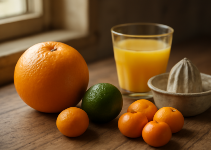 Tiga jenis jeruk untuk minuman di atas meja kayu: jeruk peras, jeruk nipis, dan jeruk baby