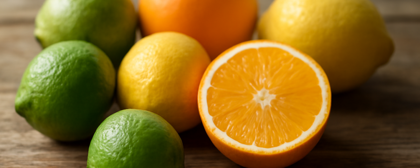 Tiga jenis jeruk: nipis, lemon, dan jeruk manis di atas meja kayu