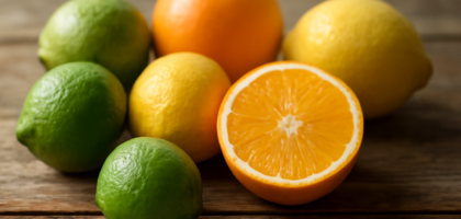 Tiga jenis jeruk: nipis, lemon, dan jeruk manis di atas meja kayu