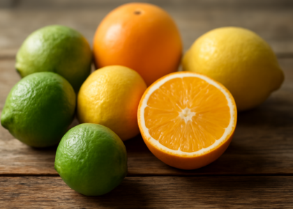 Tiga jenis jeruk: nipis, lemon, dan jeruk manis di atas meja kayu
