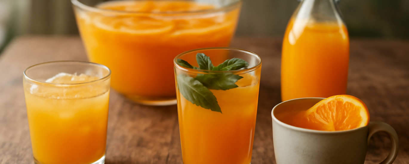 Lima gelas minuman jeruk segar di atas meja kayu, termasuk es jeruk peras dan punch