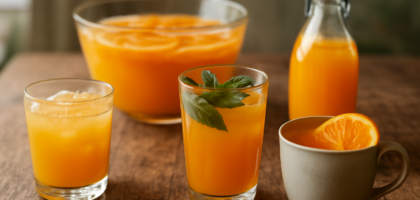 Lima gelas minuman jeruk segar di atas meja kayu, termasuk es jeruk peras dan punch