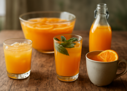 Lima gelas minuman jeruk segar di atas meja kayu, termasuk es jeruk peras dan punch